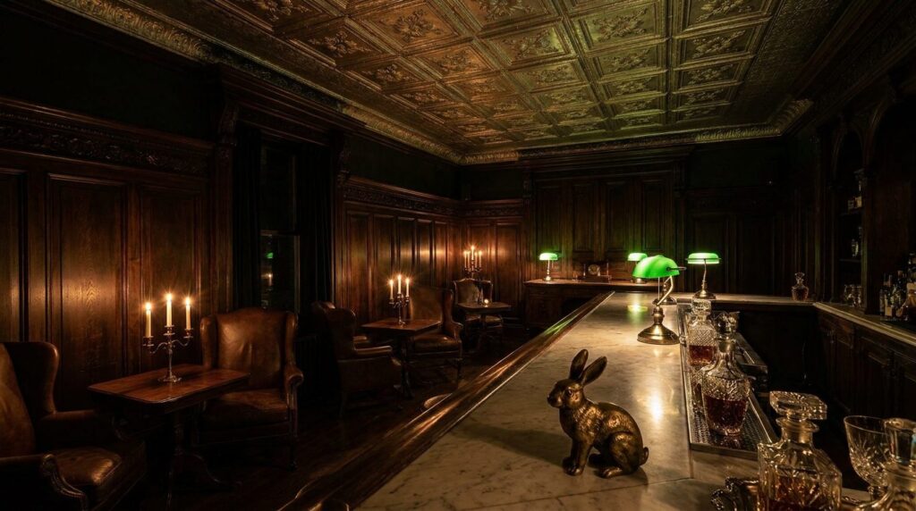 Candlelit Victorian parlor bar with carved dark wood, leather wingback chairs and a brass rabbit statuette on the marble bar
