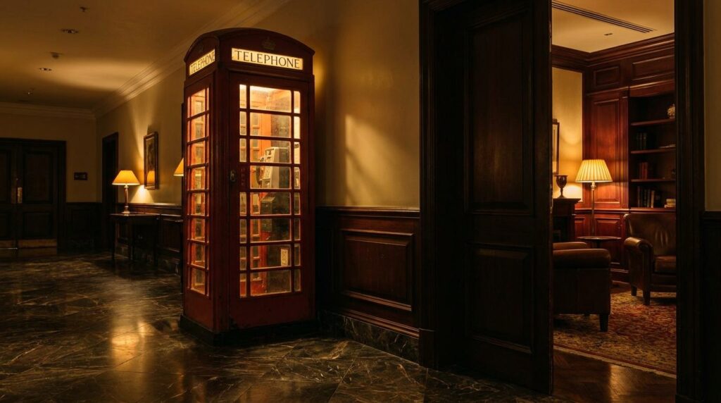 Vintage red telephone booth glowing in a dim marble corridor, with a hidden cigar lounge behind a cracked-open panel door