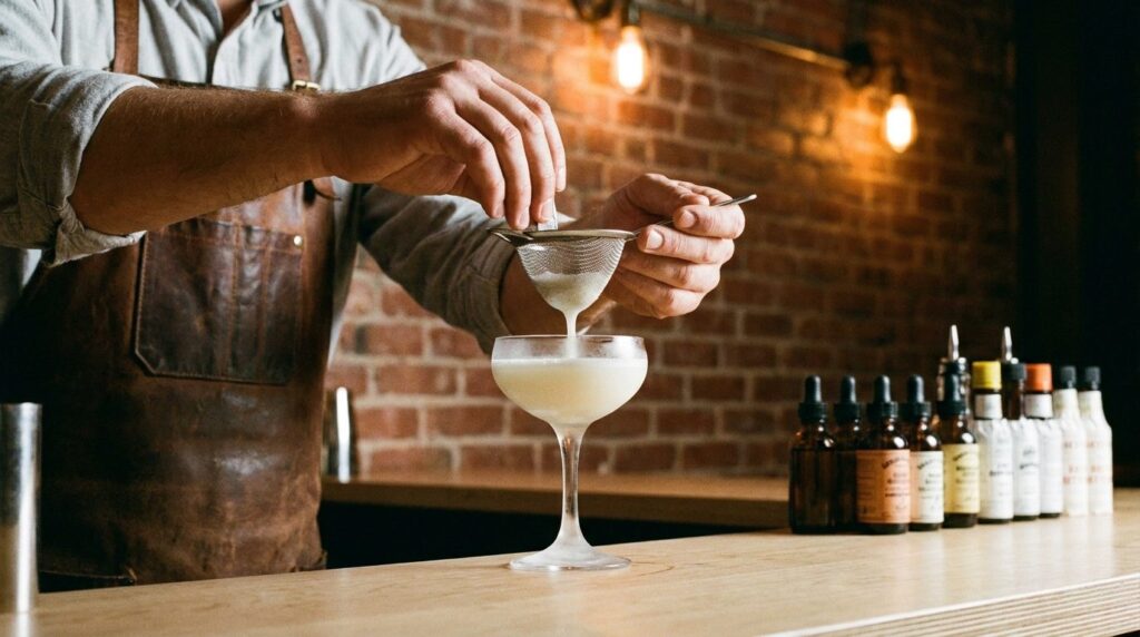 Bartender's hands straining a pale cocktail into a chilled coupe glass at a menu-free bar counter with exposed brick