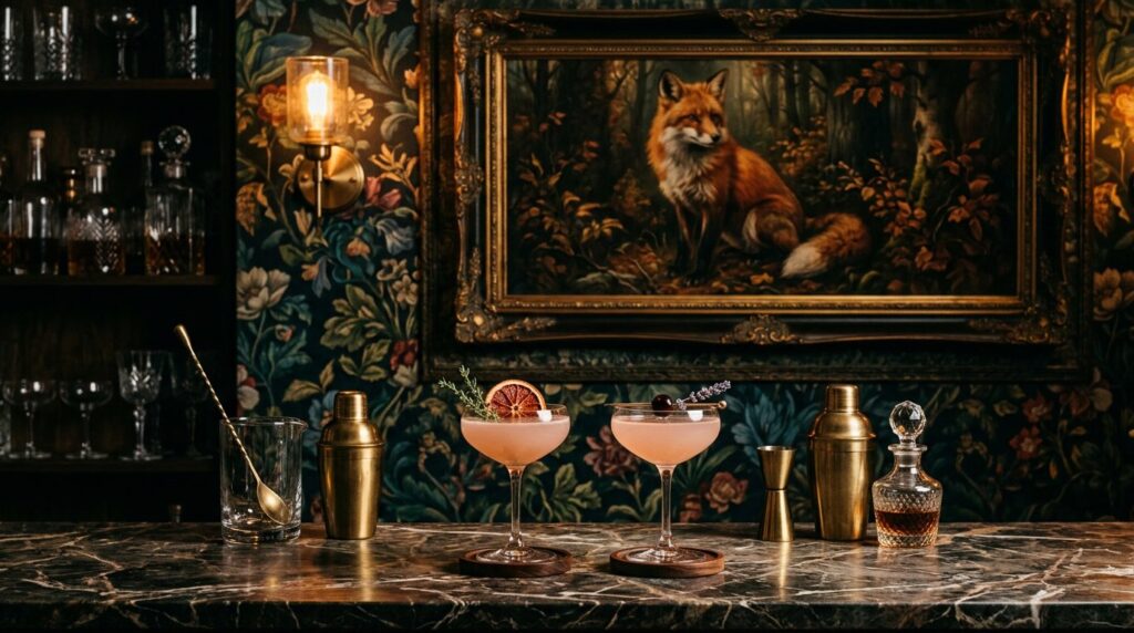 Intimate cocktail den with dark botanical wallpaper, marble bar top, garnished coupe cocktails and a gilt-framed fox painting