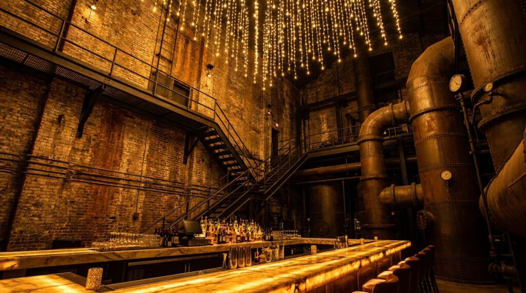 Soaring 1920s industrial boiler room converted into a candlelit cocktail bar with exposed brick and steel catwalks