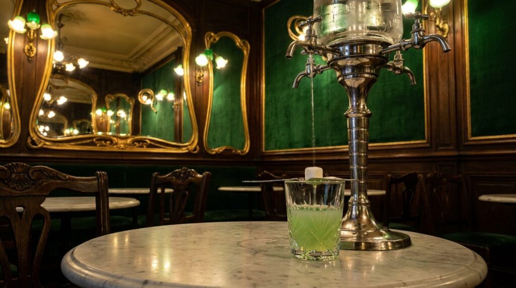 Ornate silver absinthe fountain dripping ice water into a glowing green glass in a belle-epoque lounge with emerald wall panels
