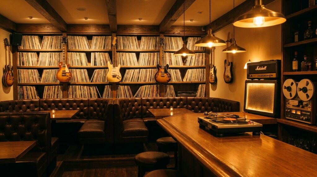 Retro lounge bar with a wall of vinyl records, vintage guitars and tufted leather booths in warm amber light