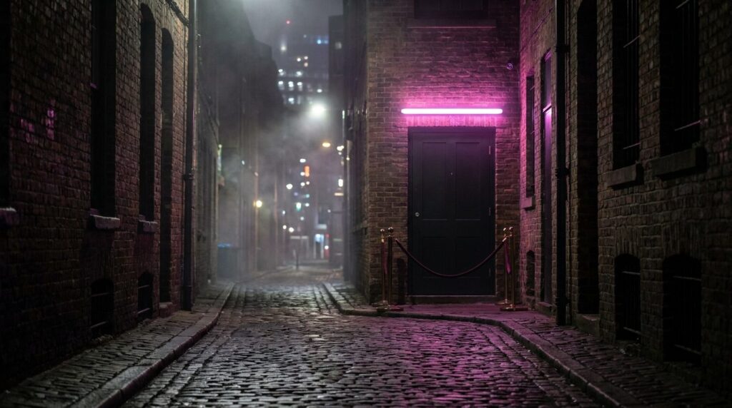 Unmarked matte-black door in a narrow night-time brick alley, lit by pink neon with a velvet rope and wet cobblestones