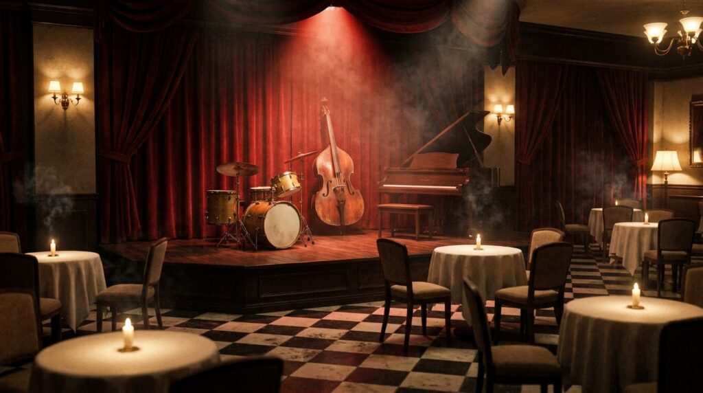 Vintage jazz supper club stage with upright bass, drums and piano under a red spotlight, ringed by candlelit tables